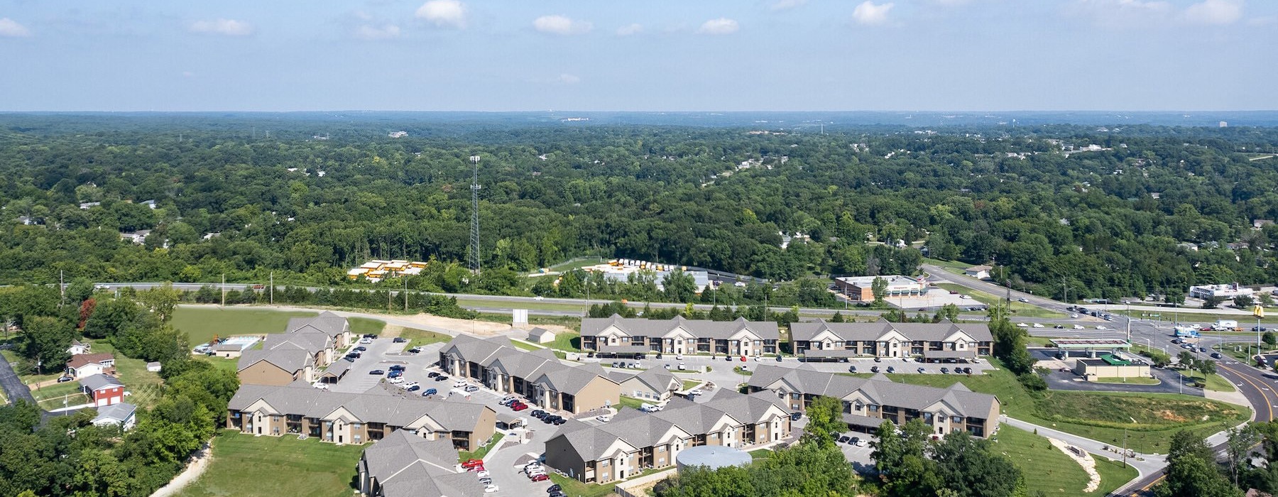 Aerial view of Sugar Creek apartments for rent in Fenton, MO.