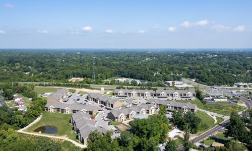 Aerial view of Sugar Creek apartments for rent in Fenton, MO.